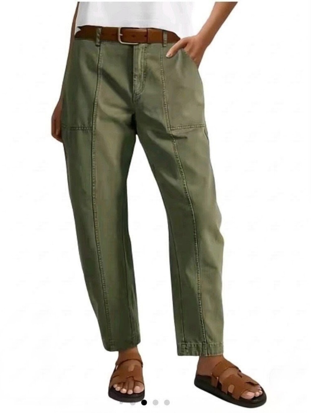 Flamingals Solid Stitch Detail Mid Waist Barrel Deep Pocket Crop Green NWT Large